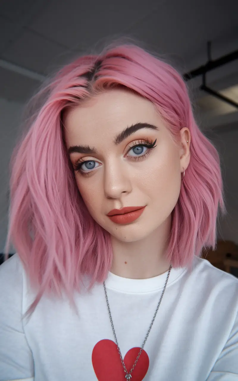 Ideal haircuts for oval faces - a playful textured bean in a pastel pink