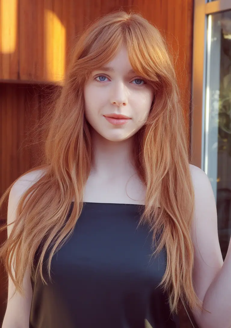 Light hair color strawberry copper layers with soft bangs