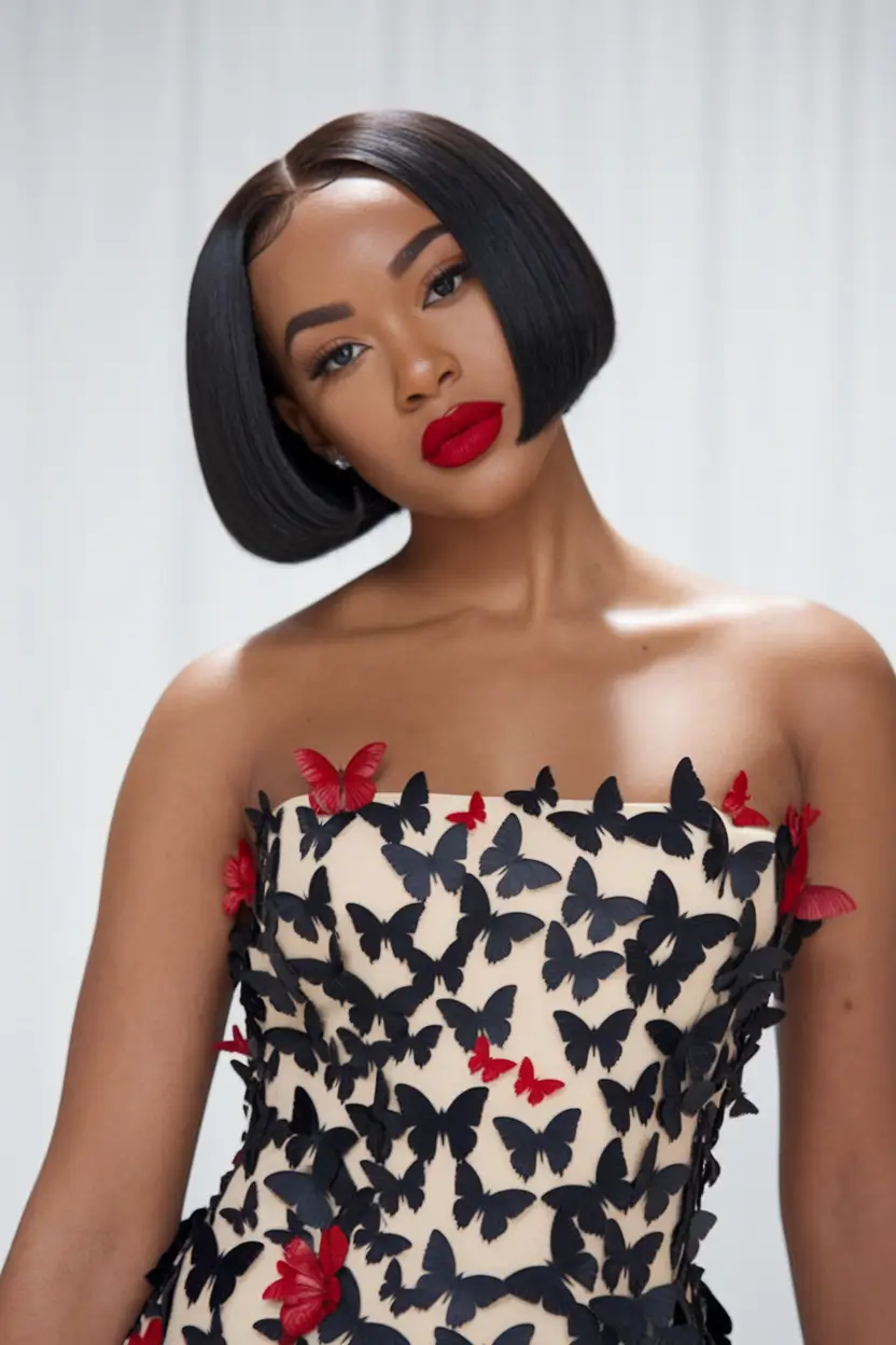Gorgeous corner haircuts with glossy a-linear bean with vibrations Couture