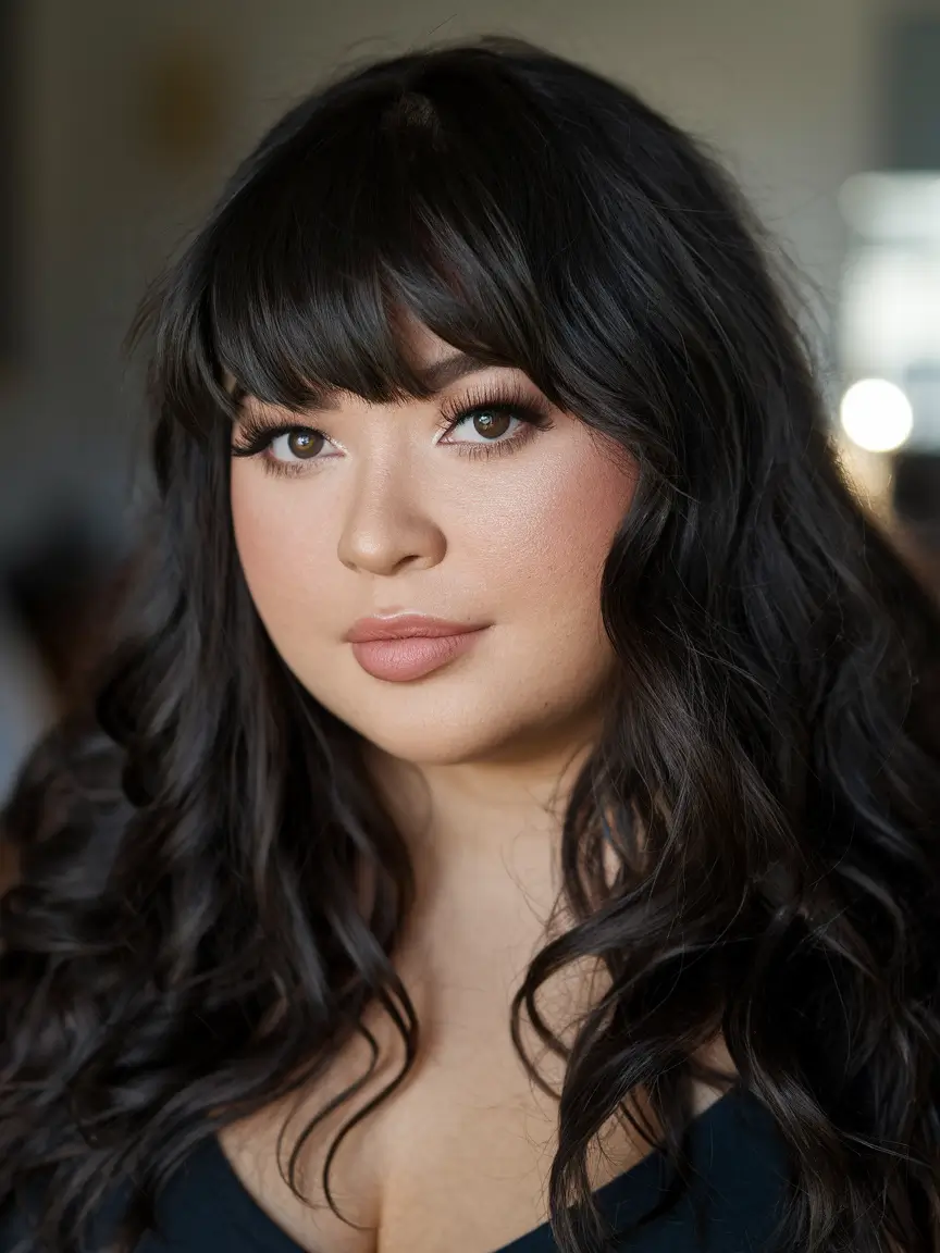 Long length dark curls and thin bangs for drama plus in size of a woman haircut