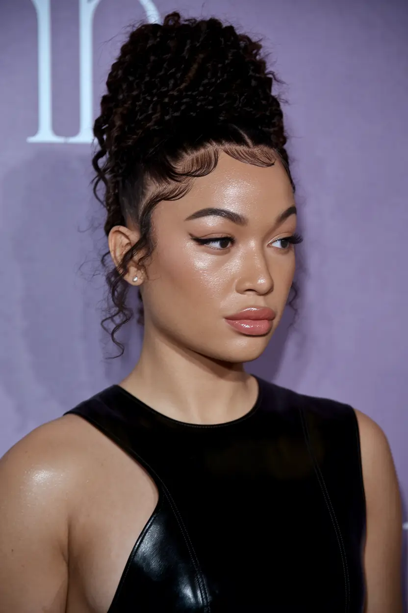 Cute natural summer ideas of hairstyles 2025: a light curly tall bun with certain edges