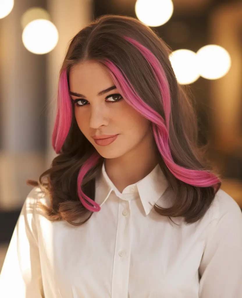 Girl haircuts chocolate brown waves with pink cash pieces
