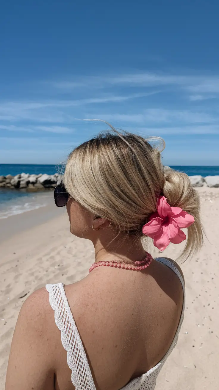 Light summer hairstyles beach bun with a flower clip