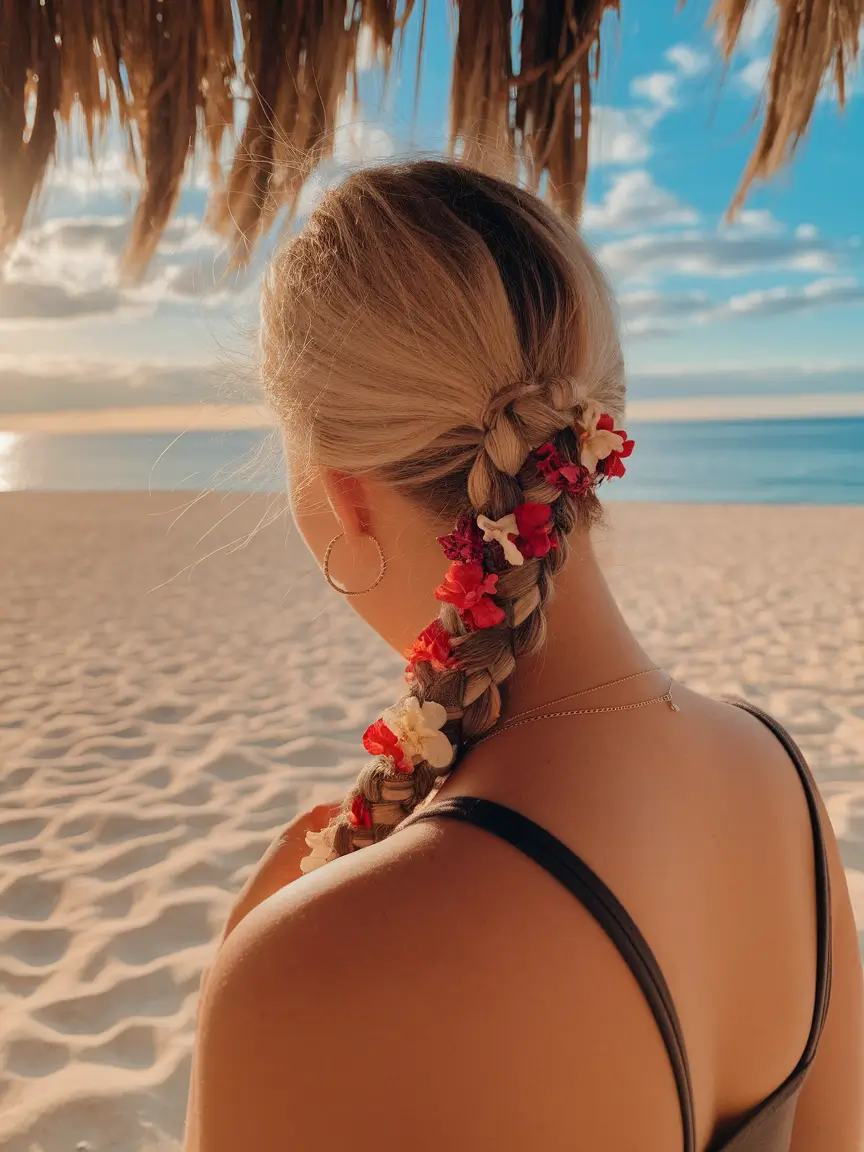 In the summer of 2025, a beach braid with floral accessories using