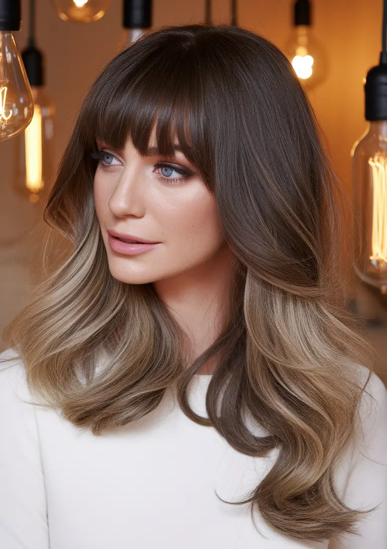 End of the summer hair color of ideas 2025 Brunette-blonde soft ombre with bangs