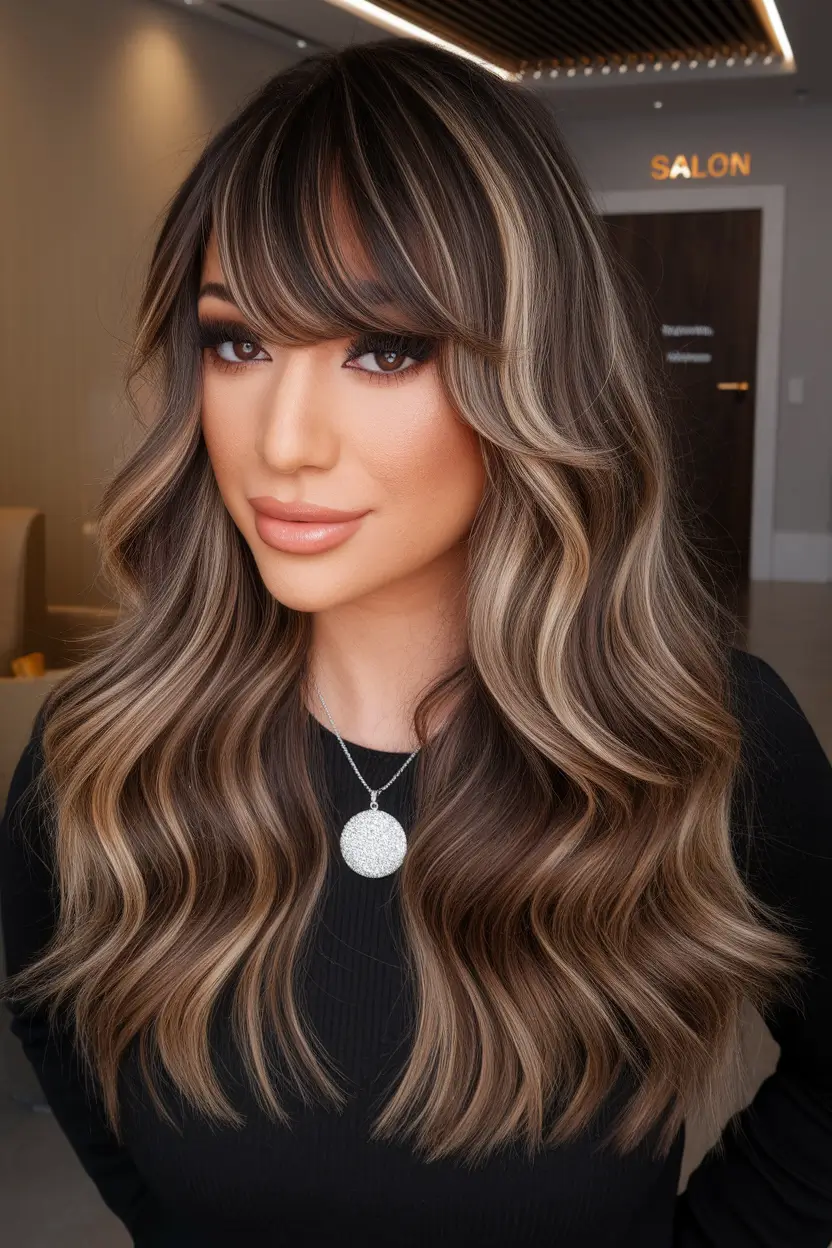 Autumn hair color ideas 2025 Broning layers with soft bangs