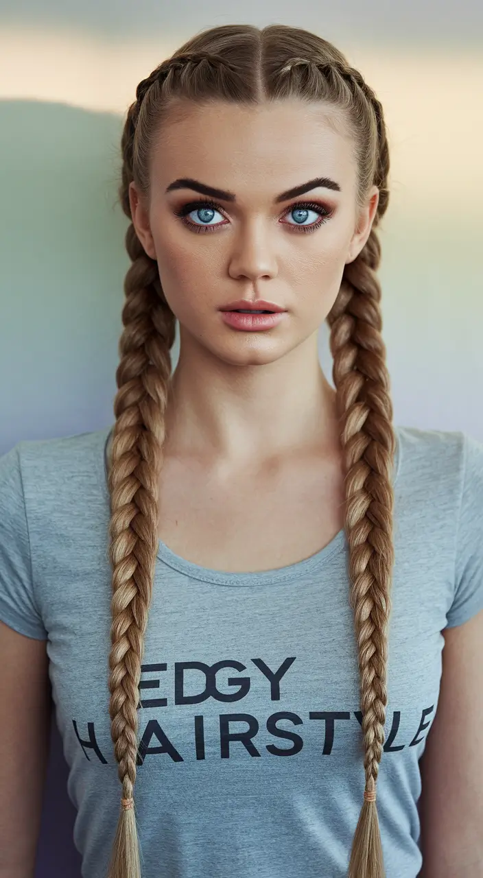 Fresh hairstyles for July 2025. Classic double dual braids with a sharp part