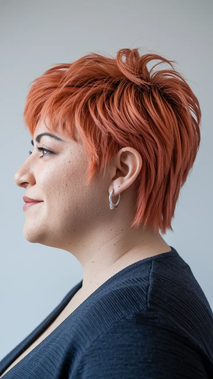 Summer haircuts for puffy faces. Layered copper pixie with tows