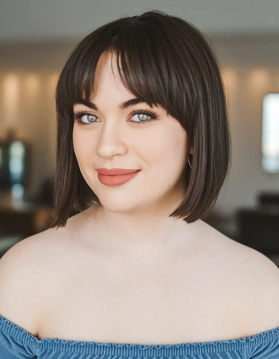 Short haircuts for puffy faces classic bean length chin with bangs