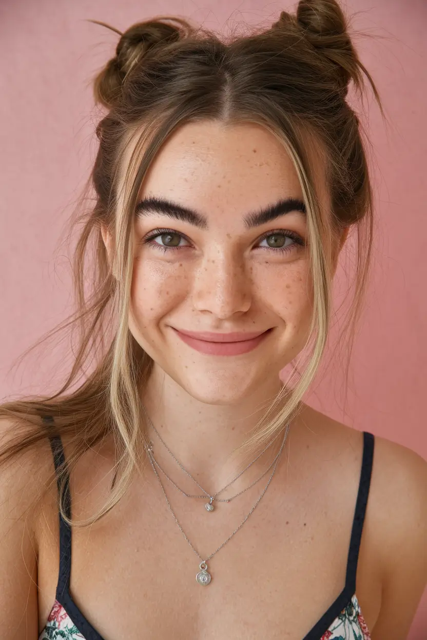 Fresh summer hairstyles for teenage girls 2025 Space buns with face strands