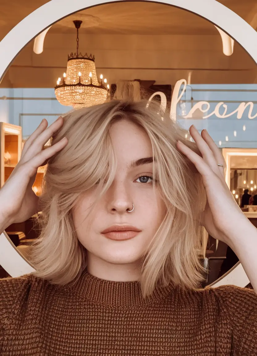 Autumn hair color for blondes with a bang with low light caramel