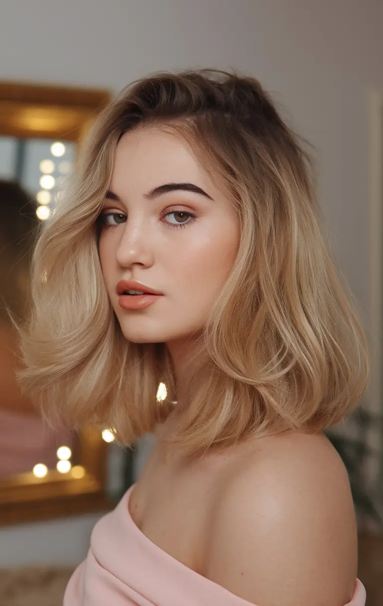 Light hair color for blondes with red caramel with red low light of medium length