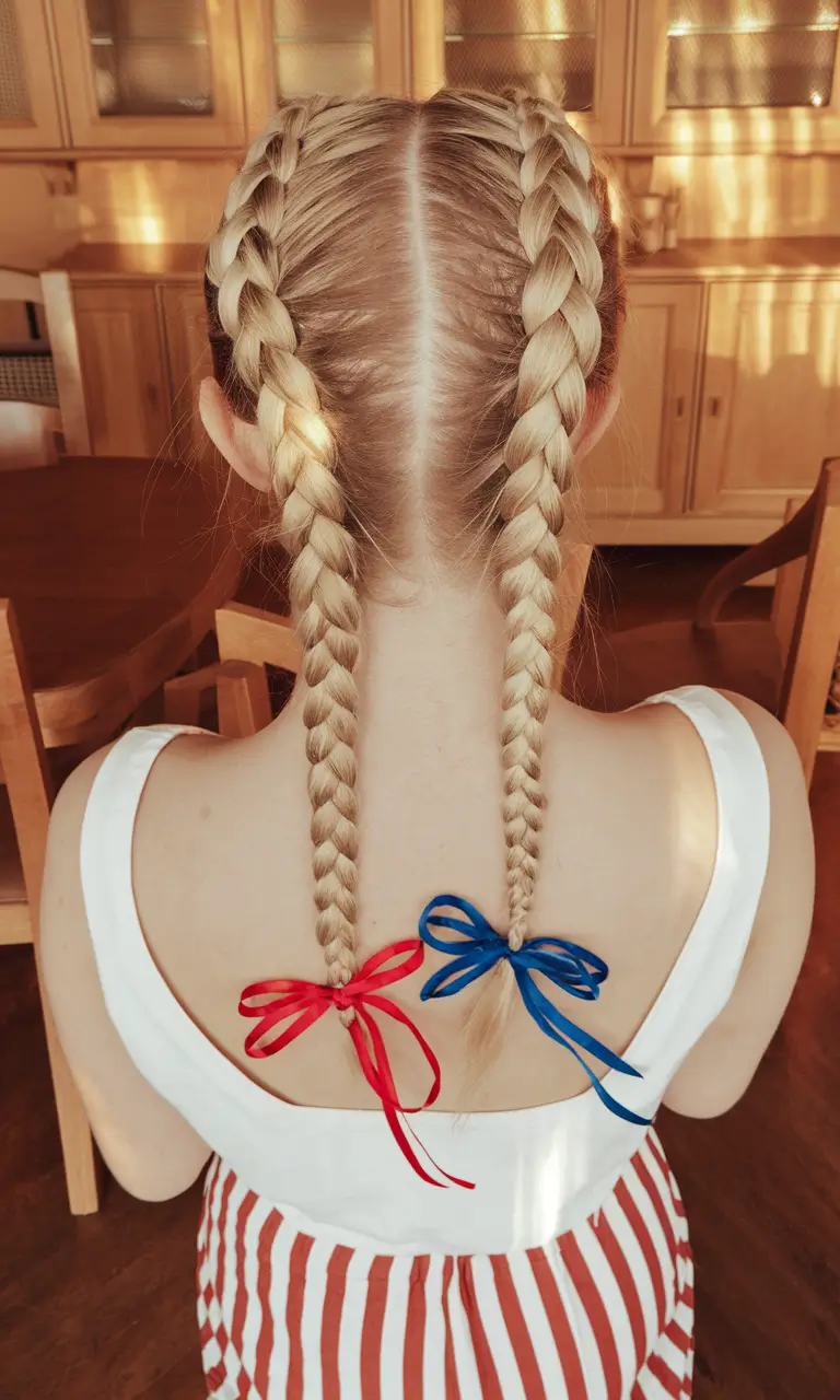 Hairstyles per day of labor 2025 Classic Dutch braids with a patriotic tape