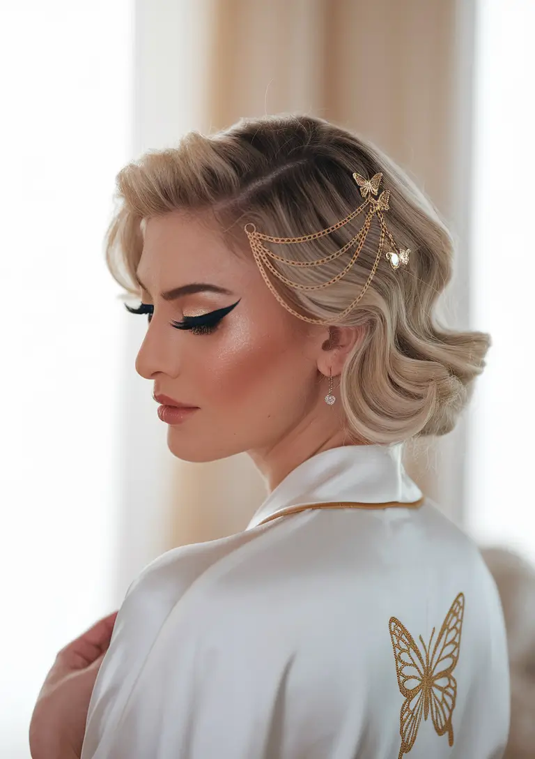Hairstyles per day of labor 2025 Vintage glamorous waves with golden hair jewelry