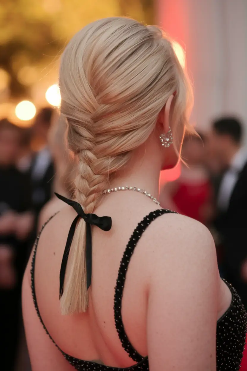 Hairstyles per day of labor 2025 Low French braid with velvet tape