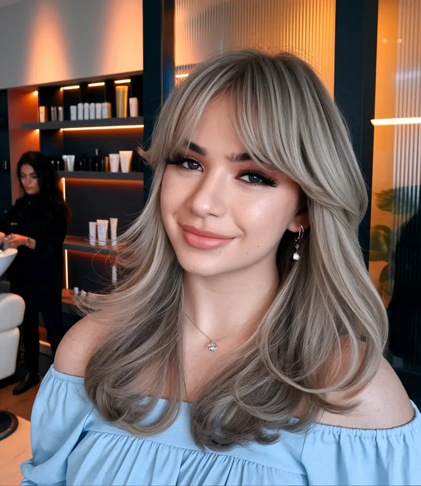 Stylish butterfly haircuts - summer 2025. Trends in hairstyles Silver ashes layers with curtain bangs