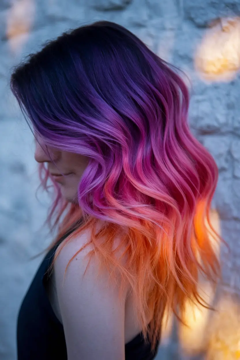 Modern shades of summer ombre hair color ideas 2025 Ultraviolet to fuchsia and fiery oranges