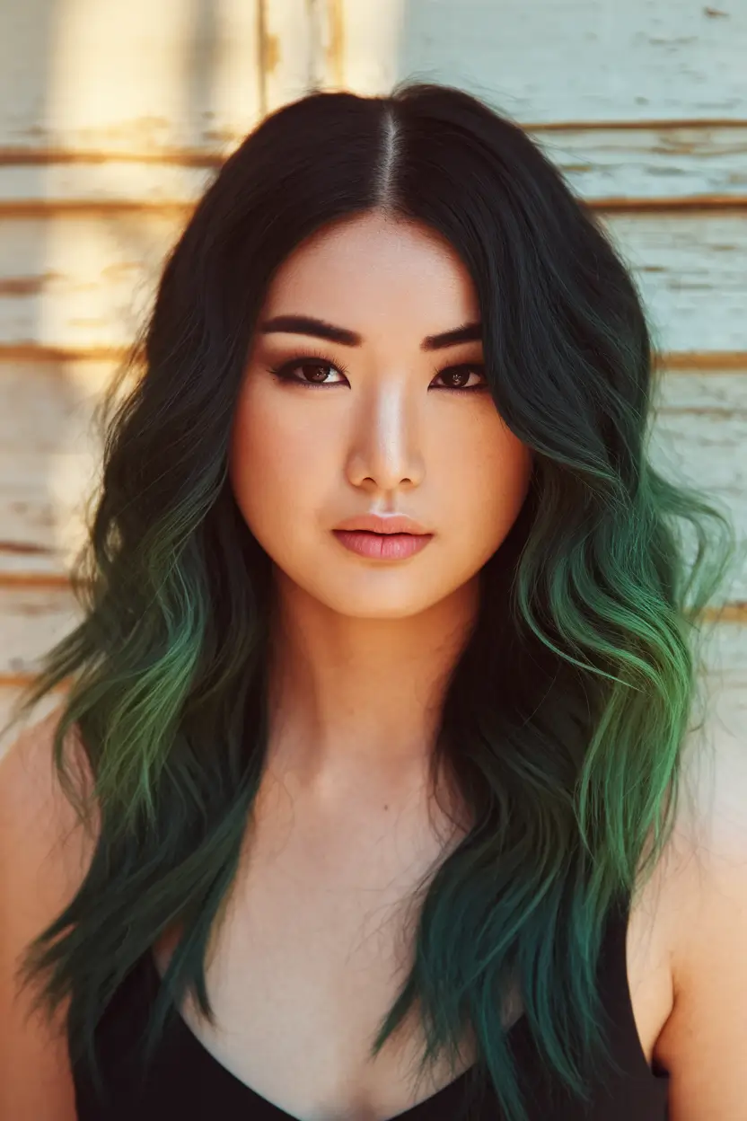 Modern shades of summer ombre ideas of hair color 2025. A deep forest pays at emerald ends