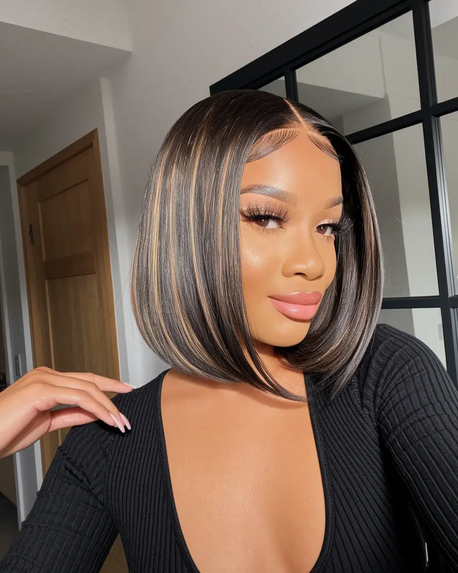 Haircuts 2025 Blunt Luxe Bob with caramel ribbons