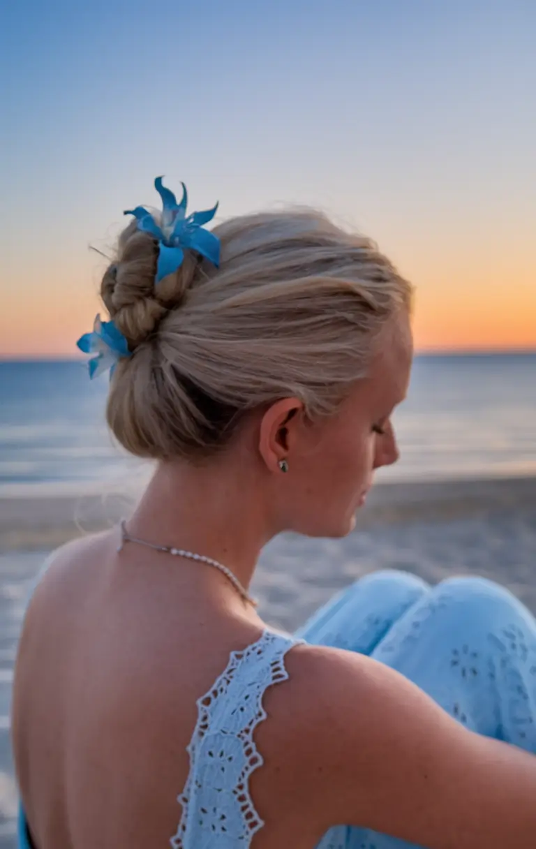 Practical summer swimming hairstyles 2025 Low bun with tropical style in the golden hour