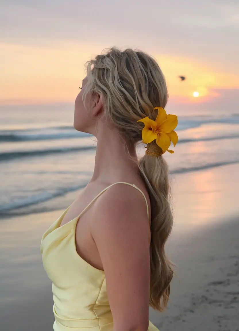 Practical summer hairstyles for swimming 2025 Low wavy tails with tropical color