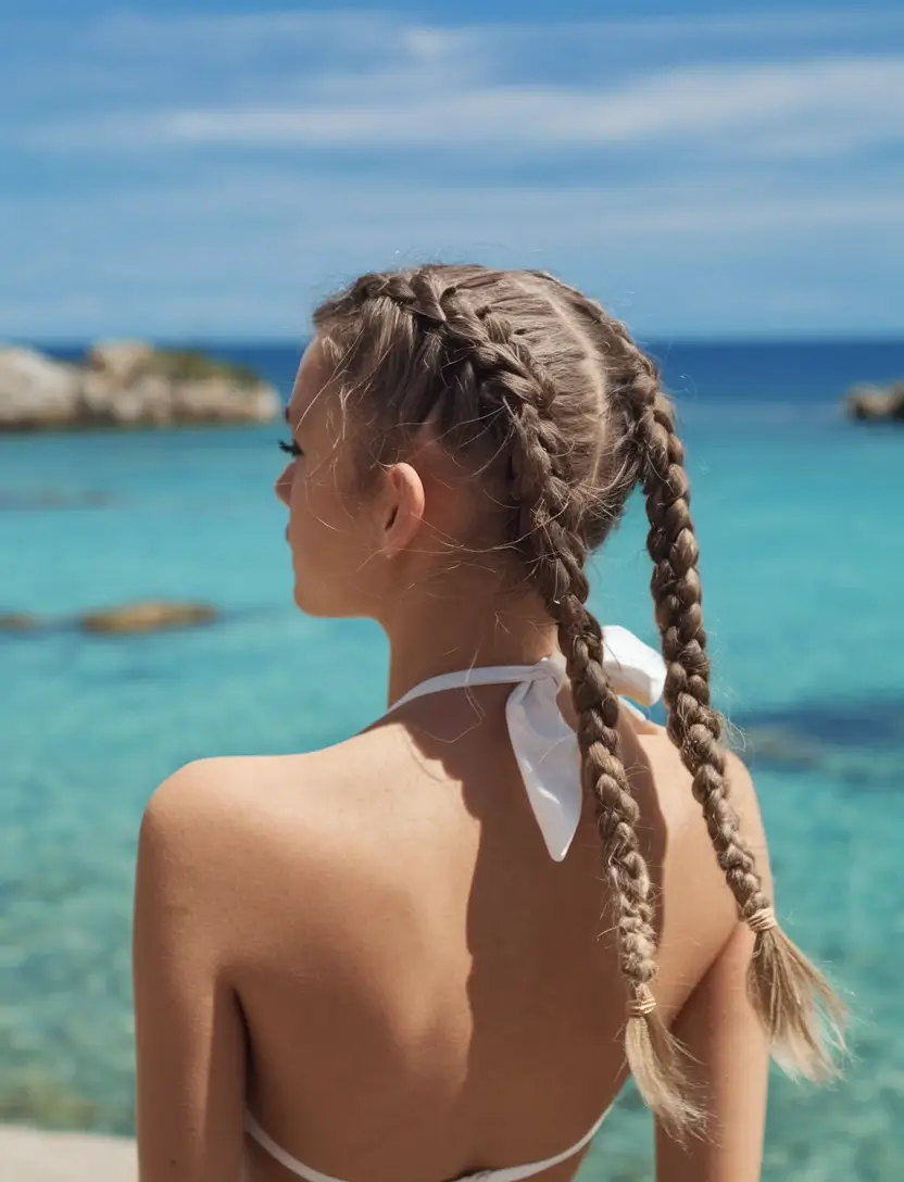 Practical summer hairstyles for swimming 2025. Playful double pigtails for mood for the beach