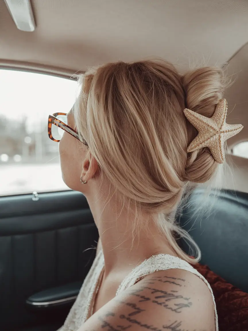 Practical summer swimming hairstyles 2025 Twisted bun with beach stars clip