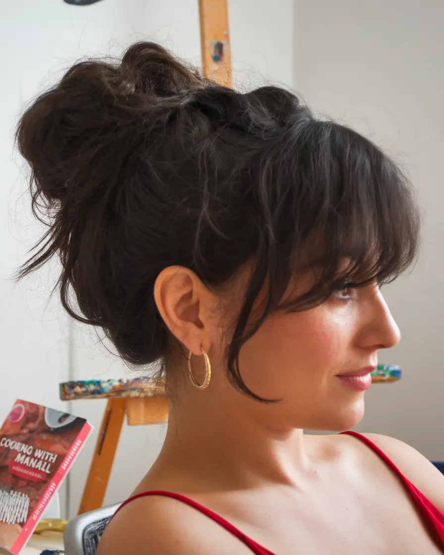 Practical summer swimming hairstyles 2025 Textured bun with fringe for French girls days