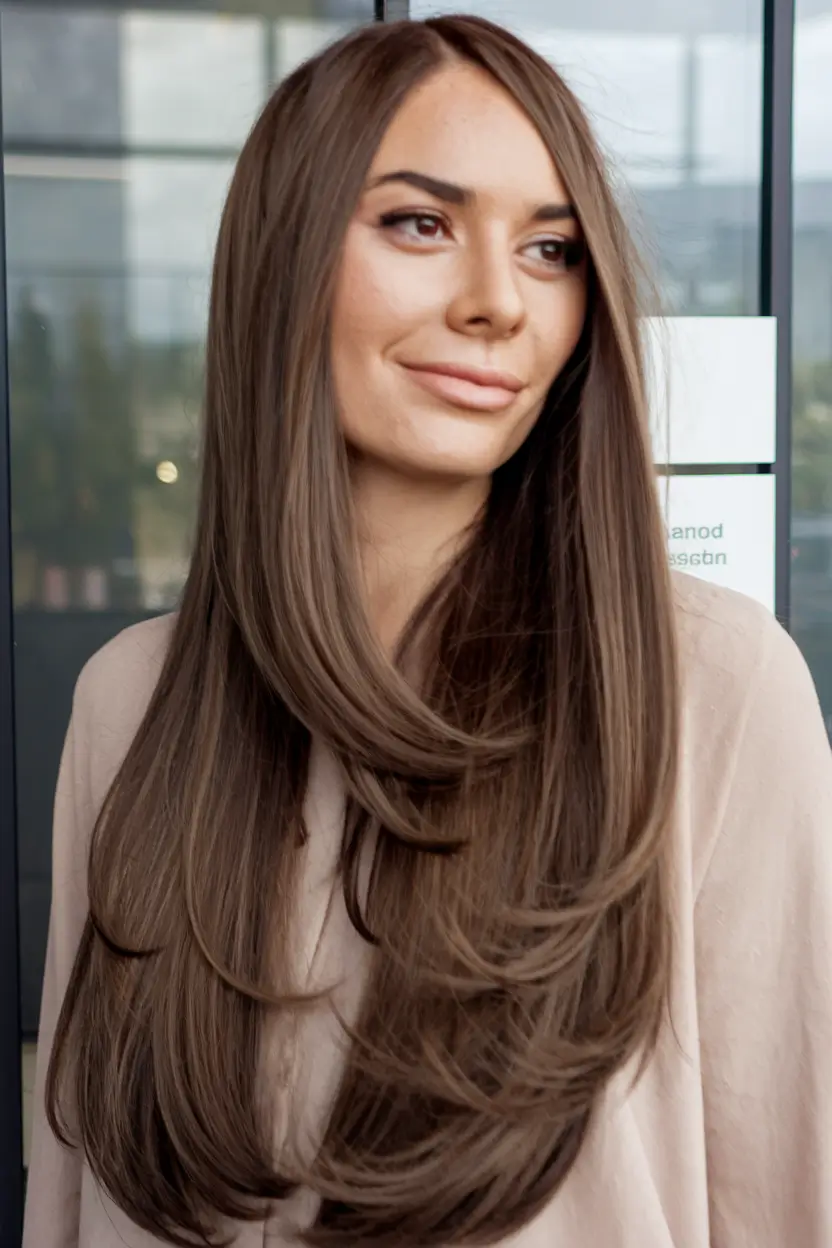 Summer brown hair colors ideas 2025: glossy chocolate cascade with a thin golden haze