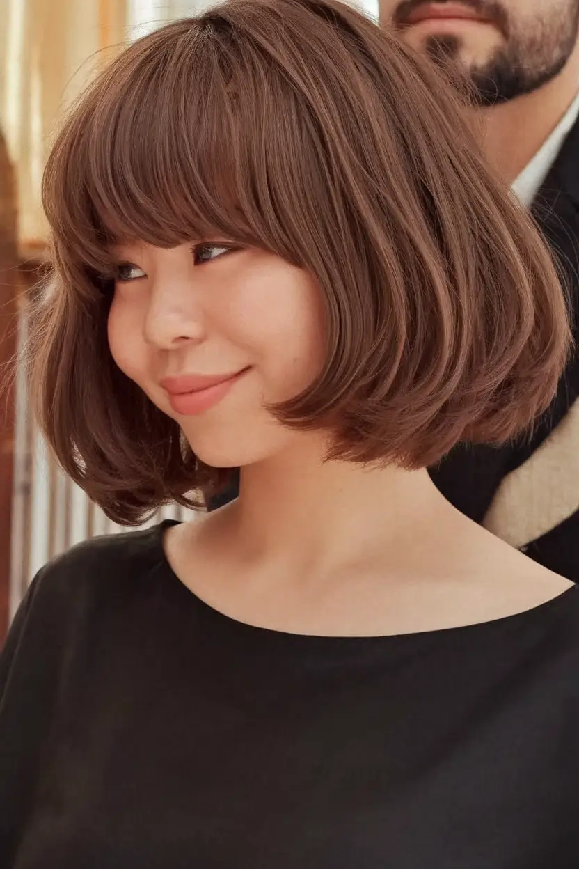 Fashionable haircuts of 2025 for chubby facial shapes Curly Bob with bangs