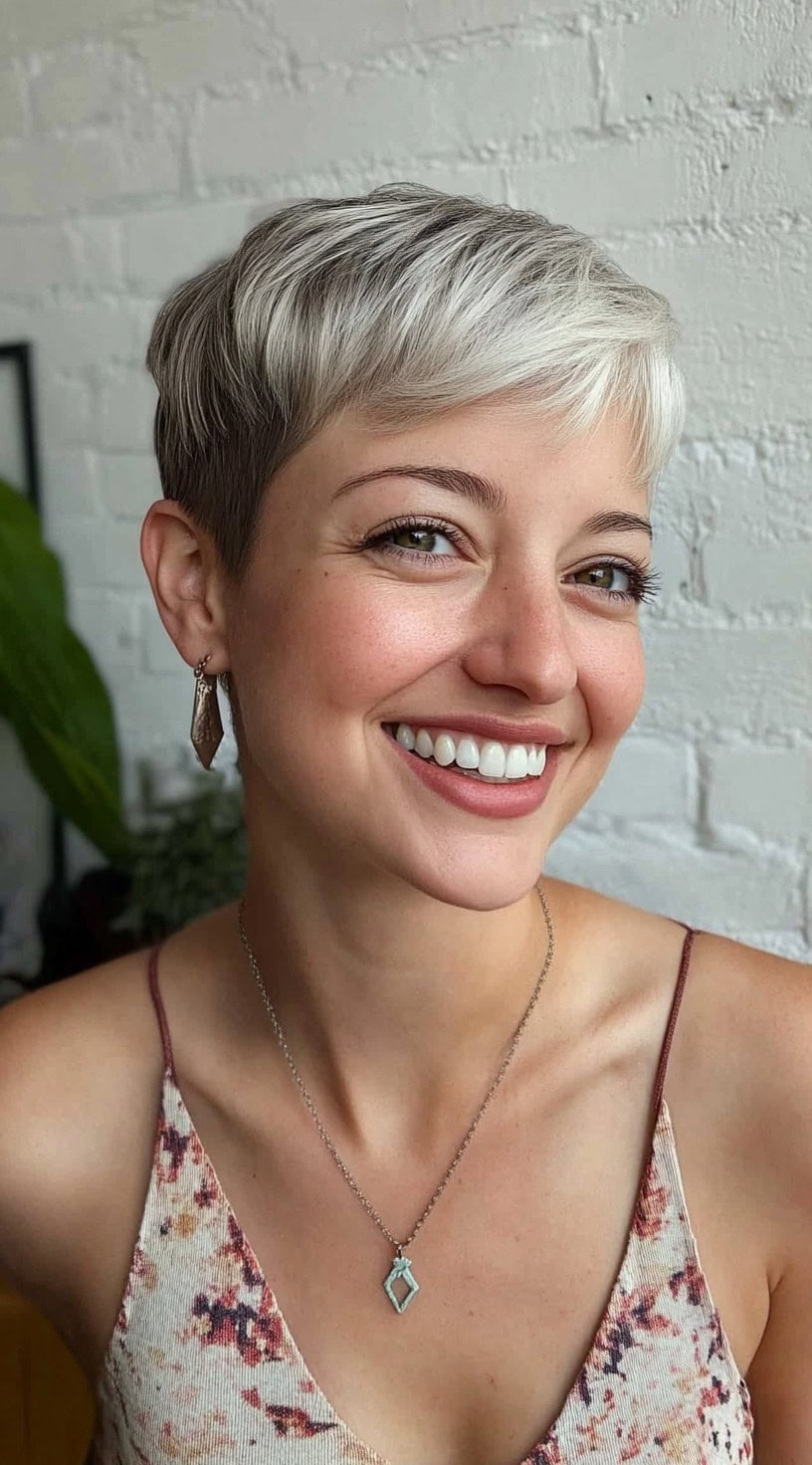 Женщина с ледяной блондинкой, коротко подстриженной пикси и темным нижним бельем, улыбается перед стеной из белого кирпича.