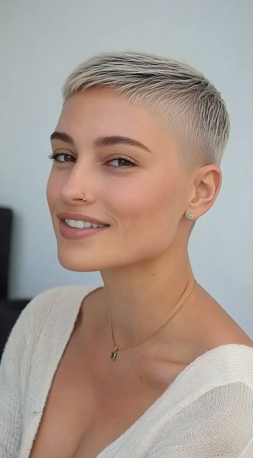 Женщина с платиновой блондинкой, короткой стрижкой и мягким выцветанием, нежно улыбается в кремовом свитере.