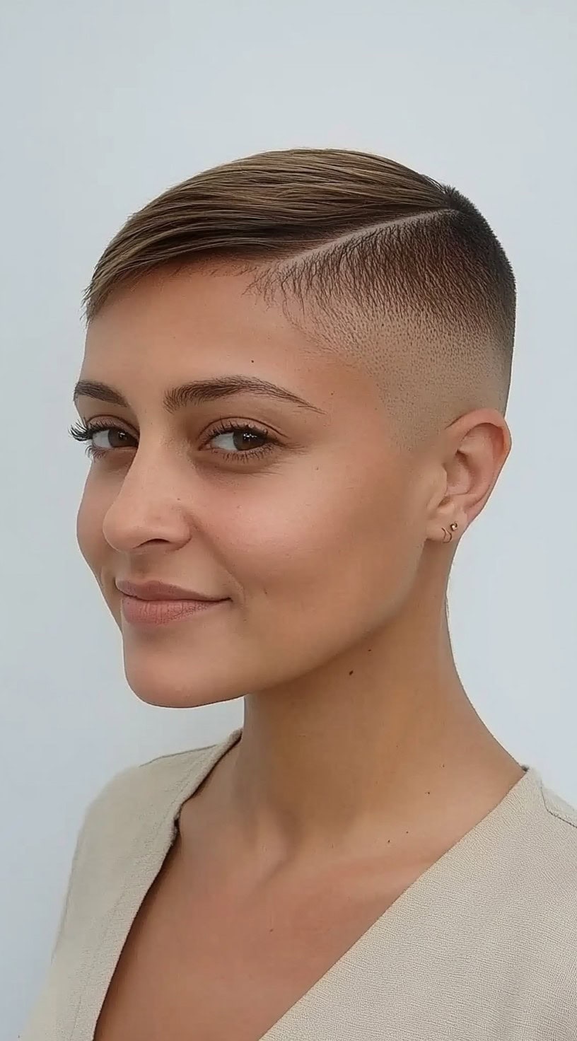 Женщина с аккуратным выцветанием и глубоким пробором по бокам, ее короткие каштановые волосы гладко уложены на макушке.