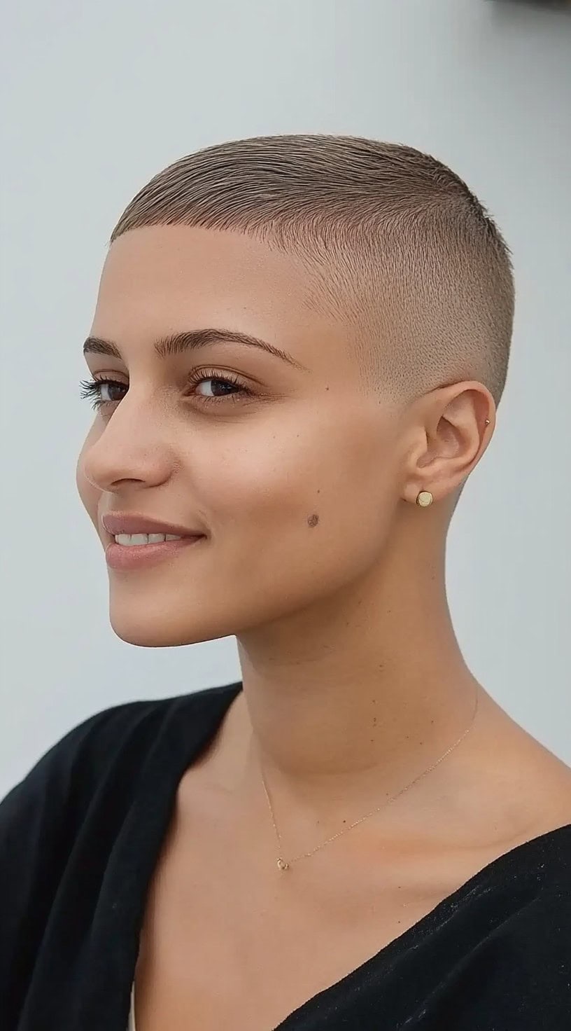 Женщина с короткой стрижкой пикси и бледными боками, слегка улыбающаяся, глядя в сторону.