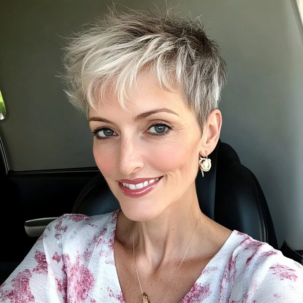 Женщина с взлохмаченной стрижкой пикси и матовой челкой улыбается, сидя в машине.