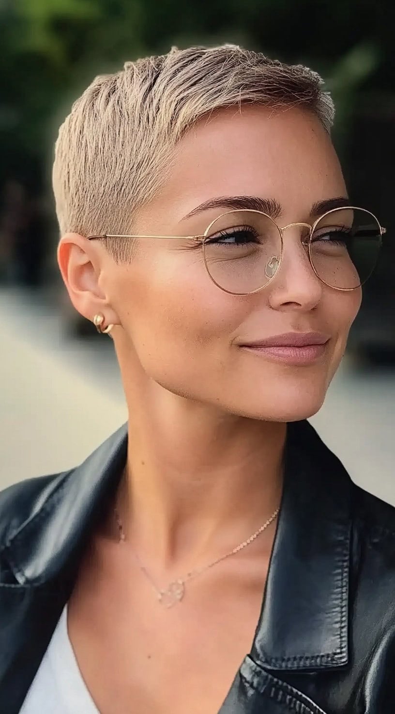 Женщина с песочно-светлым коническим пикси и красивой текстурой, в очках в золотой оправе и черной куртке.