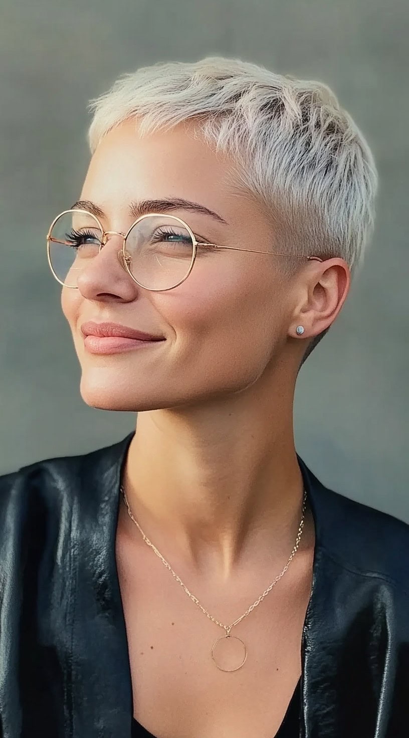 Женщина с короткой светлой стрижкой и зауженными краями, в круглых очках и черной куртке.