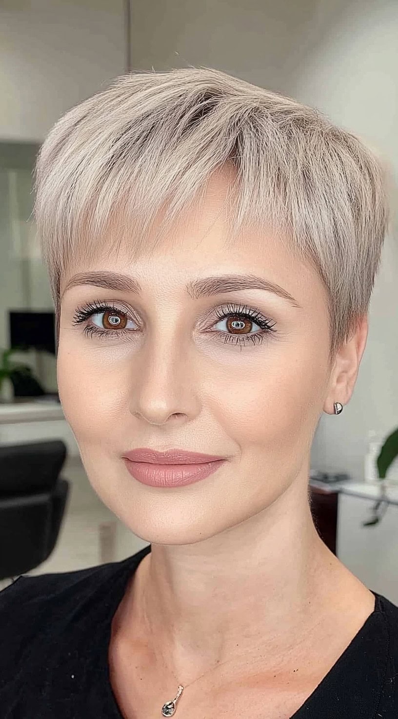 Женщина с жемчужно-пепельно-русым цветом пикси и микрочелкой мягко улыбается в салоне.