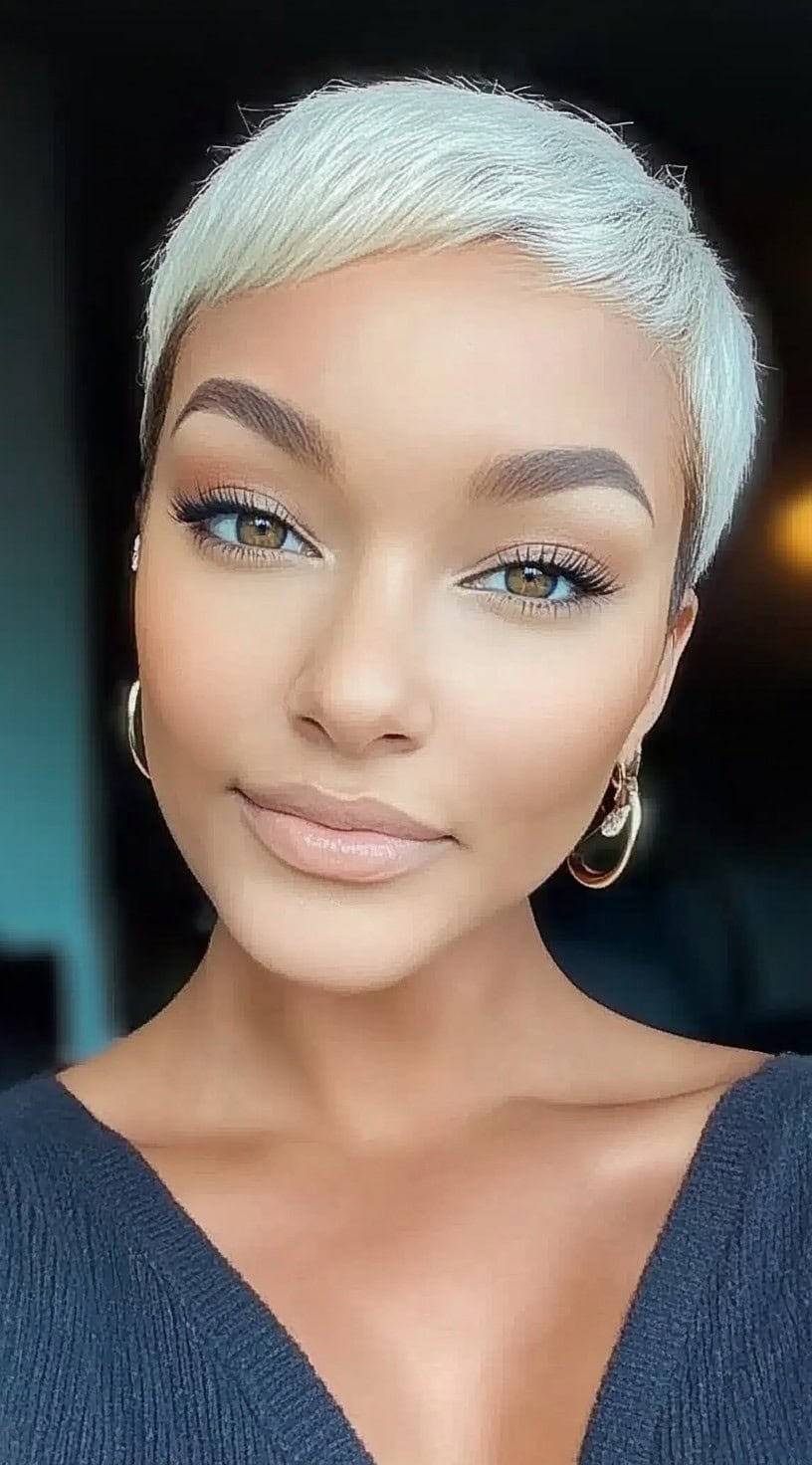 Женщина с нежной блондинкой пикси и тонкими заостренными волосами улыбается при мягком освещении в помещении.