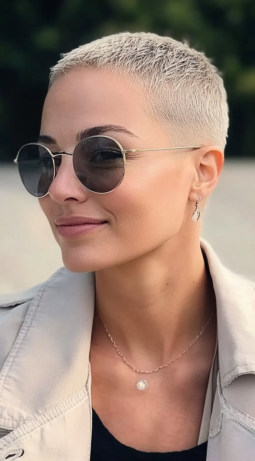 Женщина с коротко подстриженной платиновой стрижкой и мягким выцветанием, в солнцезащитных очках-авиаторах и нейтральном тренче.
