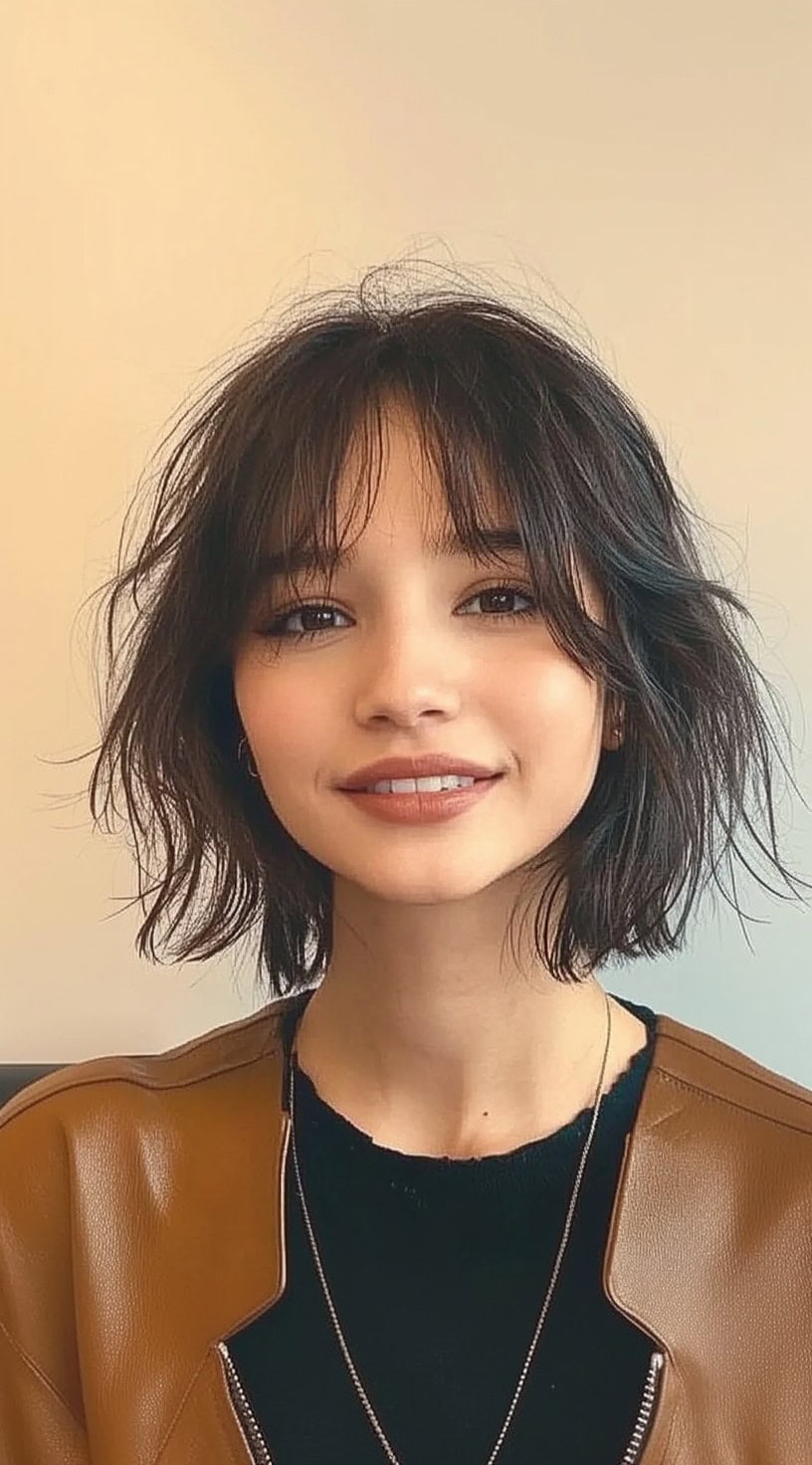 A young woman with a tousled dark haircut and soft, wispy bangs that fall naturally into her face.