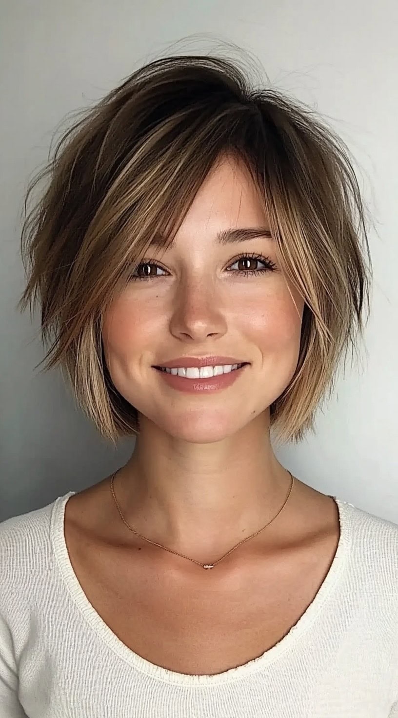 The woman sports a layered bob with side swept bangs and soft caramel brown highlights adding depth to her shaggy cut.