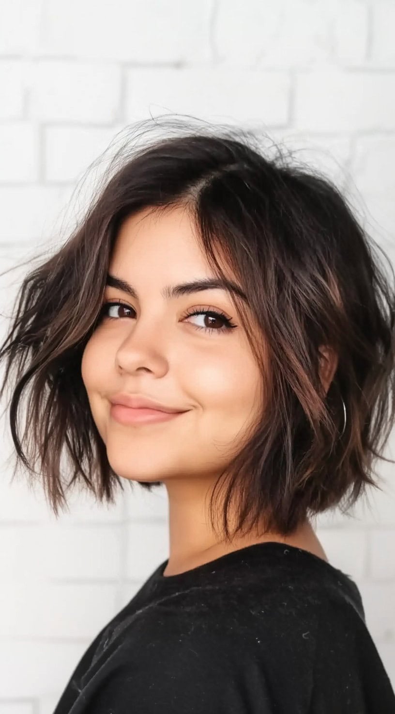A woman with a dark textured bob styled with tousled ends and slightly swept to the side to create a voluminous profile.