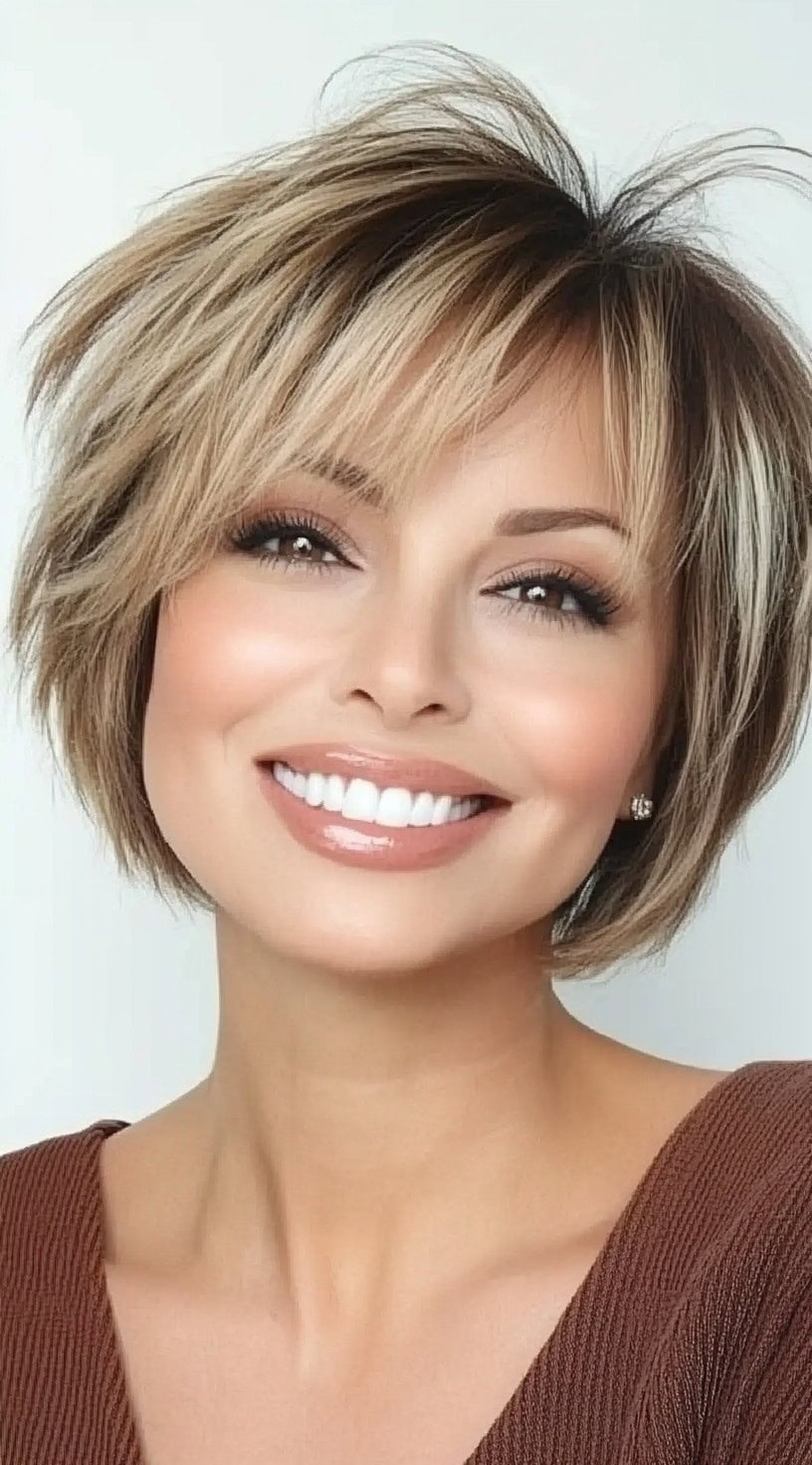 A woman with a feathered bob in warm honey tones, soft bangs and a tousled texture at the top.