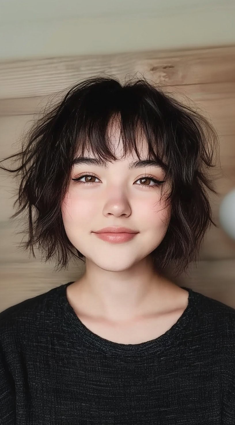 A woman with a short, shaggy bob with loose ends and straight bangs that frame her face.