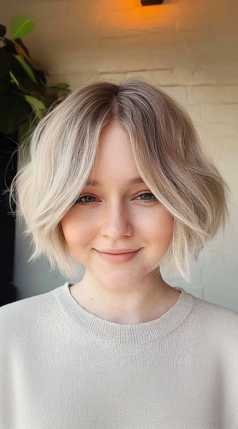 A woman with a platinum-colored shag haircut with a soft mid-section and slightly curled ends for volume.