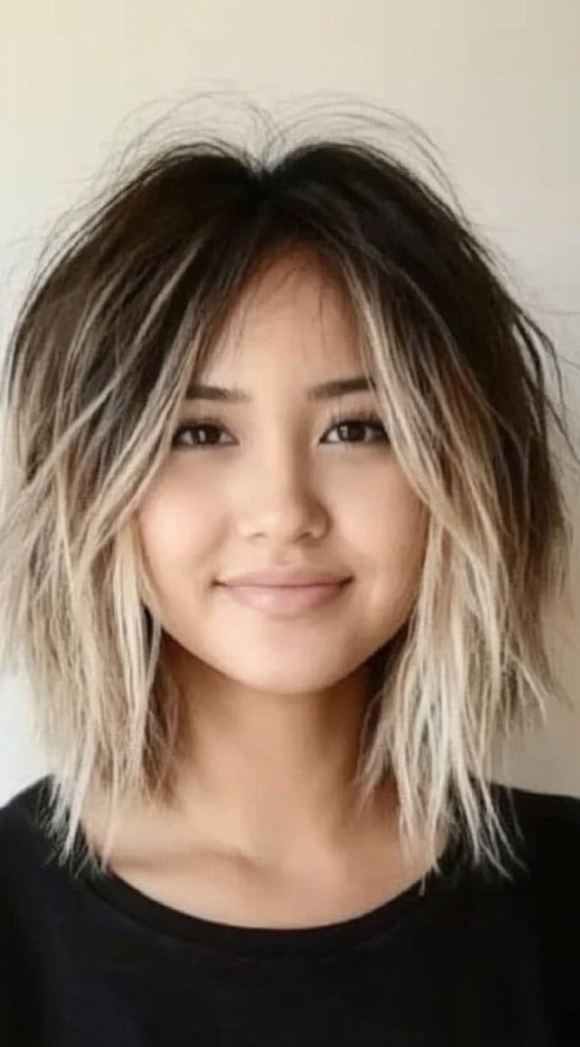 A woman with a short, medium-length hairstyle with dark roots and heavily bleached, slightly textured ends.