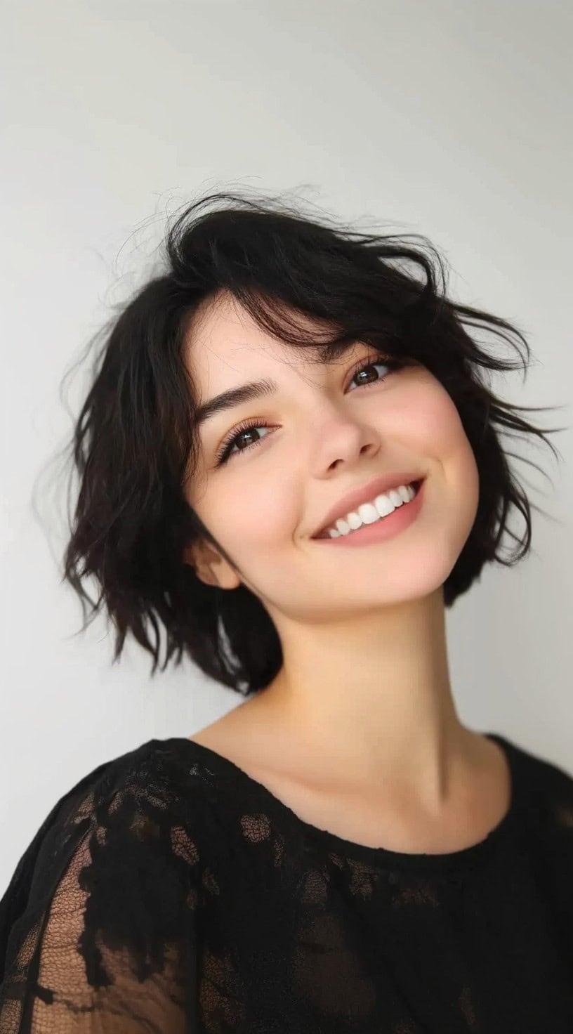 A woman with a short, tousled bob cut in loose waves and wispy bangs.