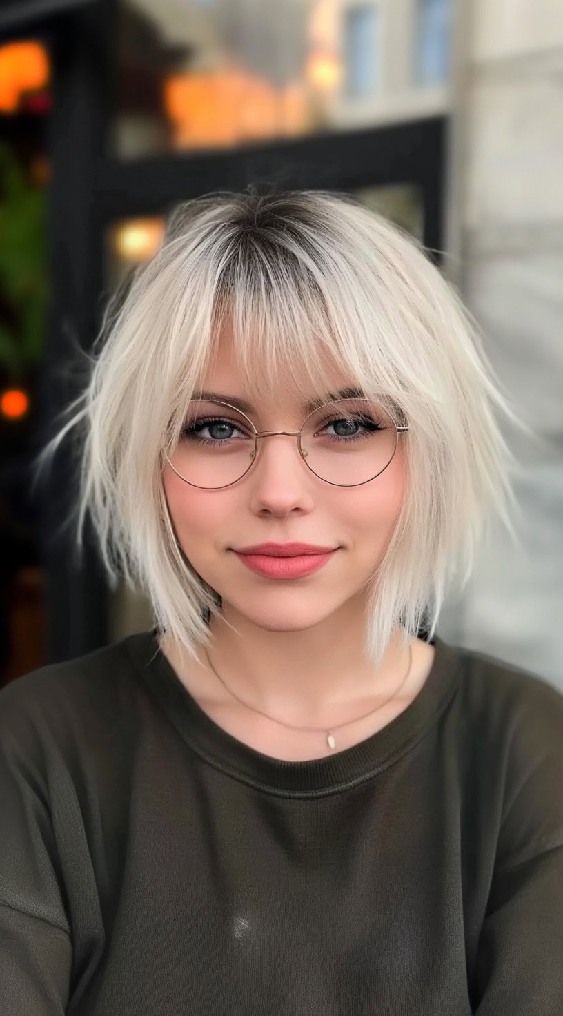 A woman with a pale platinum bob with thin, tapered ends and soft bangs skimming her lashes.
