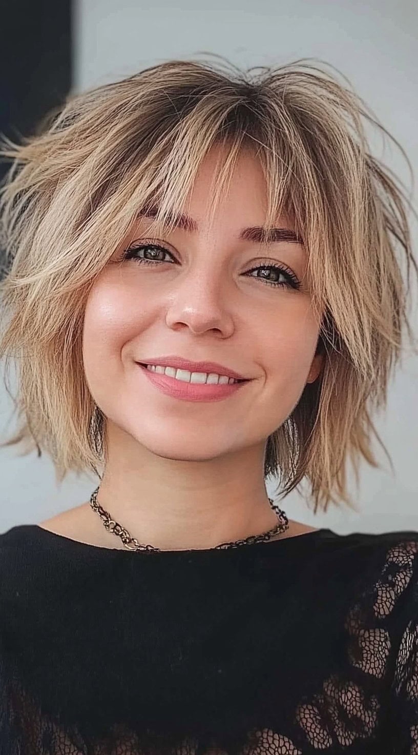 A woman with a tousled bob haircut with layered texture and slightly loose bangs.